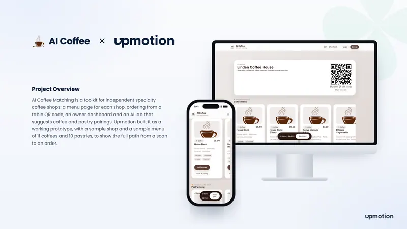 AI Coffee QR menu page for a sample coffee shop on desktop and the coffee menu on mobile