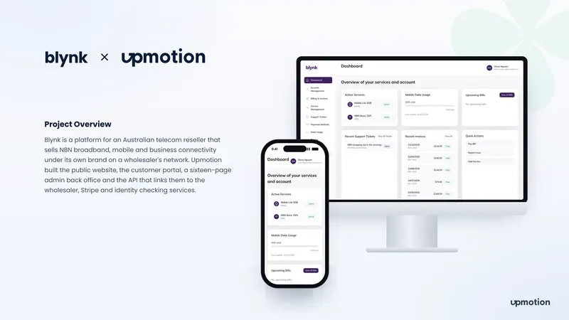 Blynk customer portal dashboard on desktop and mobile with active NBN and mobile services