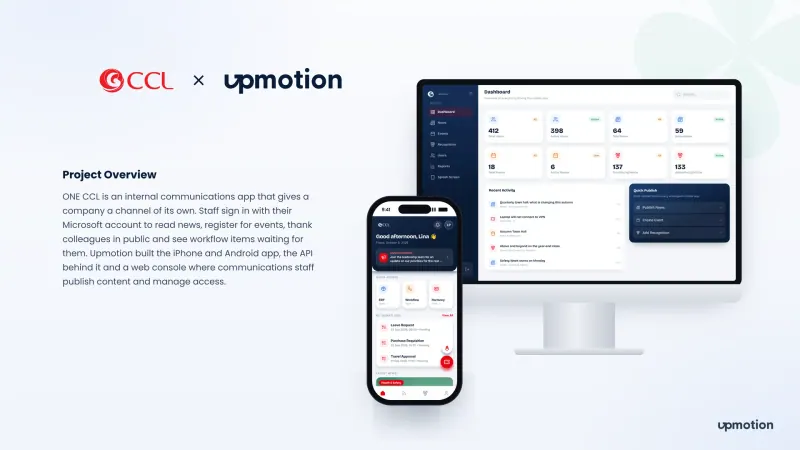 ONE CCL admin dashboard on desktop and employee app home screen on a phone