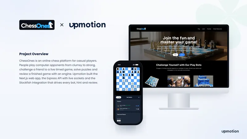 ChessOnes online chess website on desktop and a Bot Battle game screen on mobile