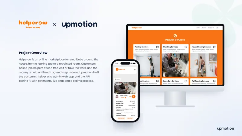 Helperow home services marketplace popular services page on desktop and a job card on mobile