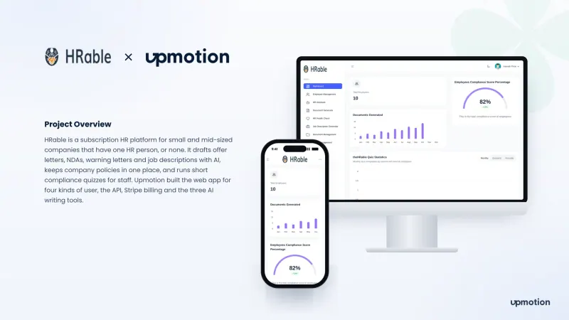 HRable dashboard on desktop and mobile with documents chart and 82 percent compliance score