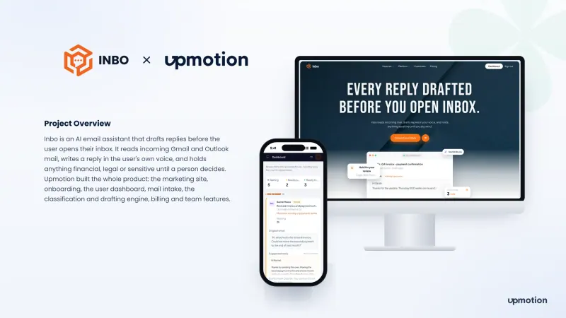 Inbo AI email assistant marketing site on desktop and review queue dashboard on mobile