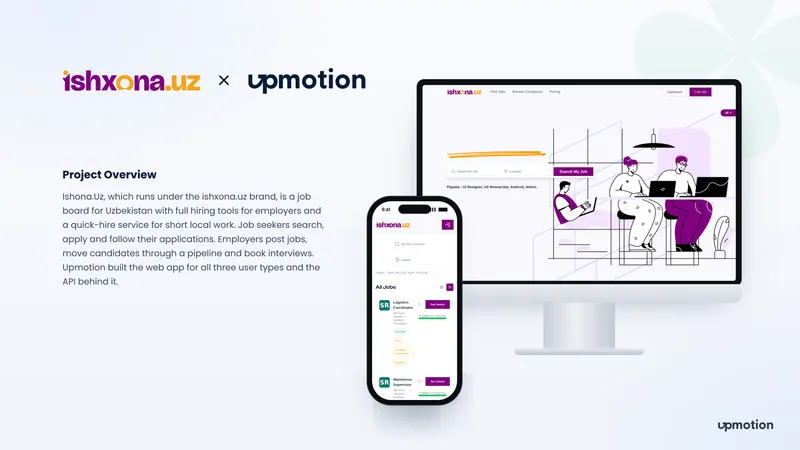 Ishxona.uz job board home page with job search on desktop and job listings on mobile