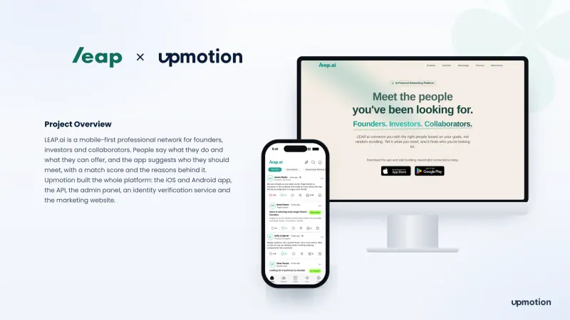 LEAP.ai AI networking app feed on a phone beside the marketing website hero on desktop