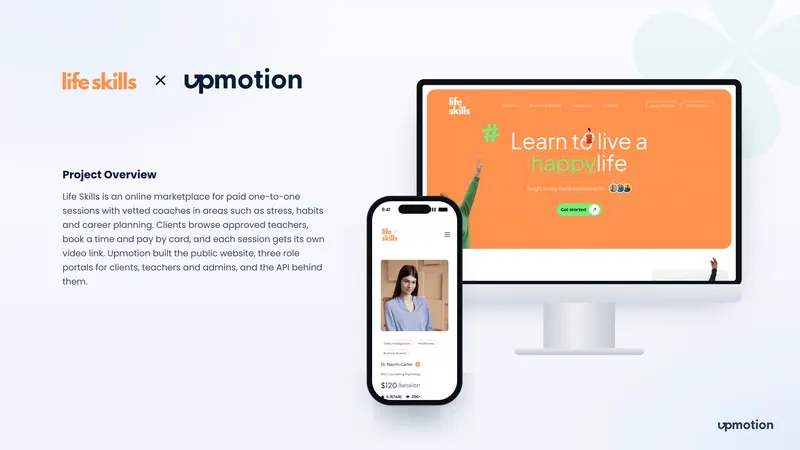 Life Skills coaching marketplace home page on desktop and a teacher profile on mobile