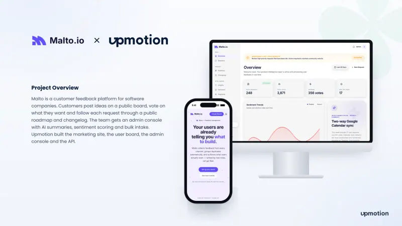 Malto.io customer feedback platform admin overview on desktop beside the mobile marketing site