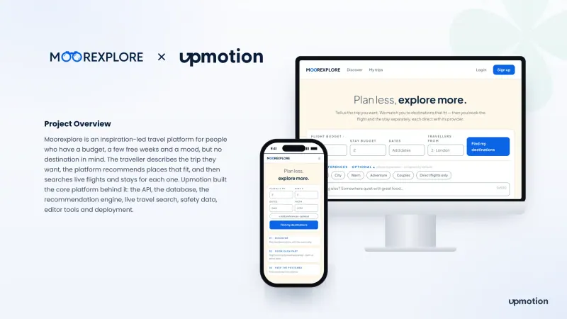 Moorexplore travel discovery platform search page on desktop and mobile with budget and date fields