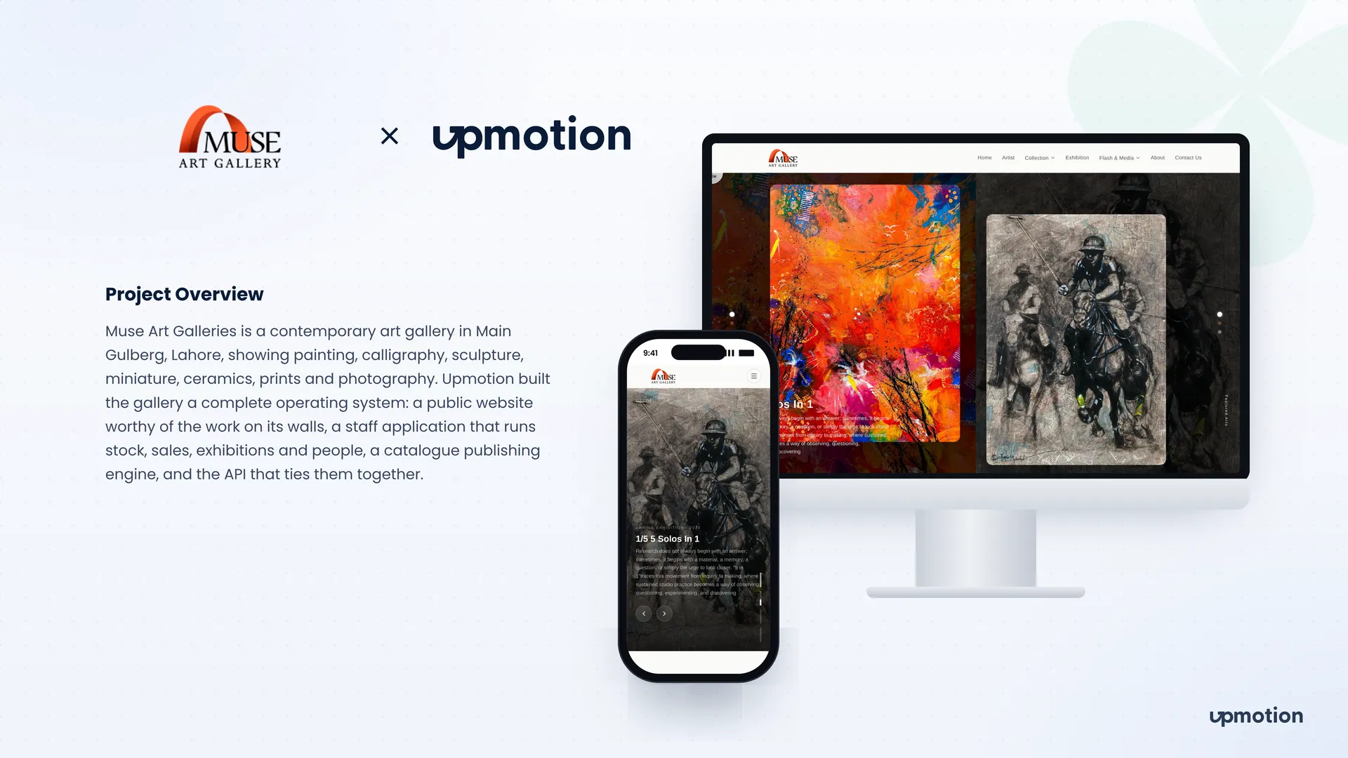 Muse Art Galleries website on desktop and mobile showing a full-screen exhibition artwork slider