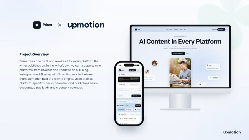 Prism landing page on desktop and phone with the AI content in every platform headline