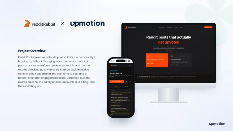 RedditRabbit landing page on desktop and revised Reddit post on a phone