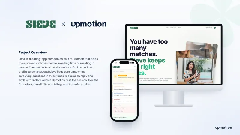 Sieve landing page on desktop and match quality summary with flagged concerns on phone