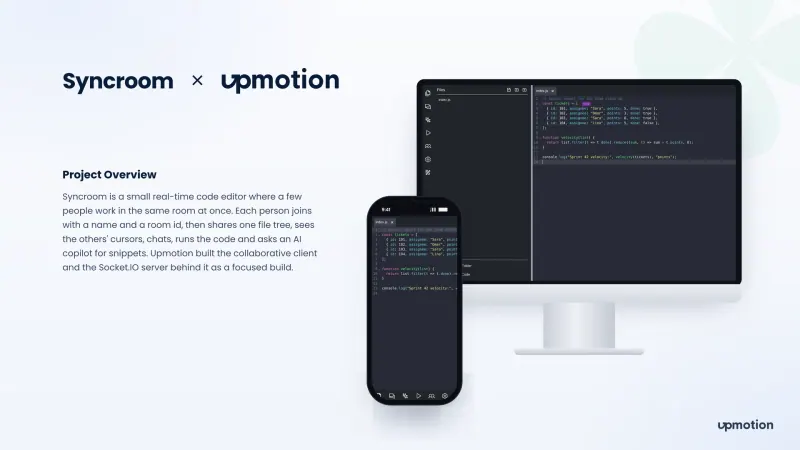 Syncroom collaborative code editor shown on a desktop monitor and a phone screen