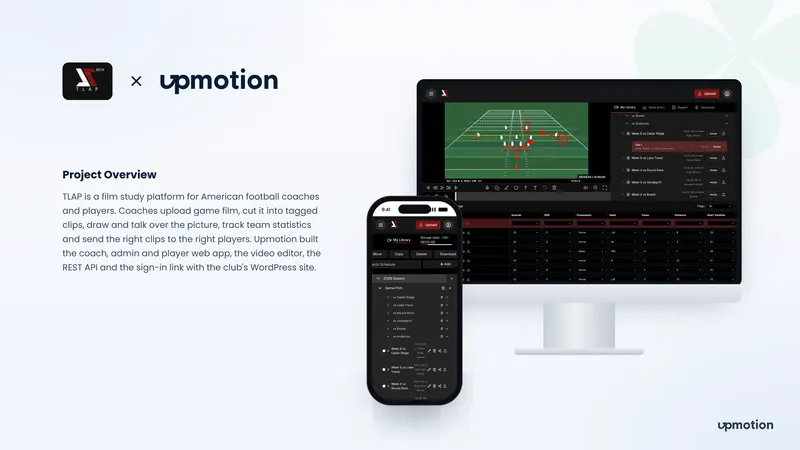 TLAP film editor with a marked-up football play on desktop and the season film library on mobile