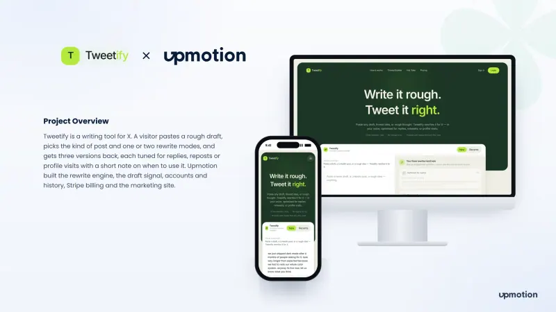 Tweetify AI tweet rewriter home page shown on a desktop monitor and a phone