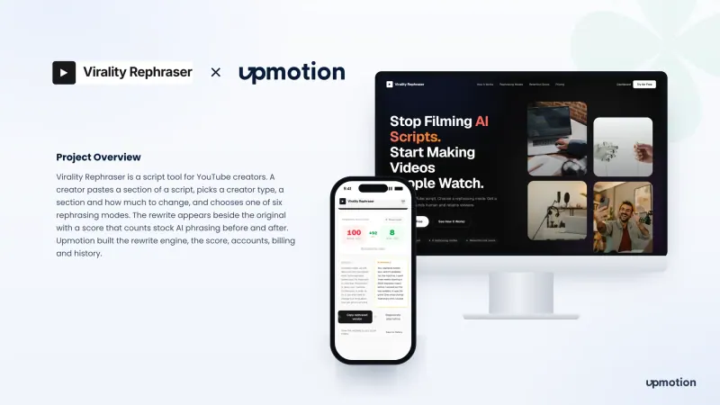 Virality Rephraser home page on desktop and a phone showing a script rewrite score